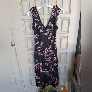 Hypnotix Dress Stretchy Blend SzL Black/Pink Floral Sleeveless HEm/Sleeve Ruffle